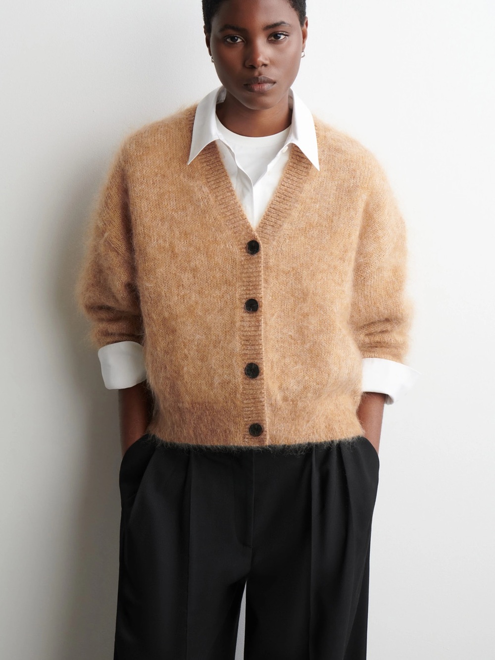 Cos Mohair Wool Blend V Neck Cardigan In Camel Melange - Picture 7 of 7